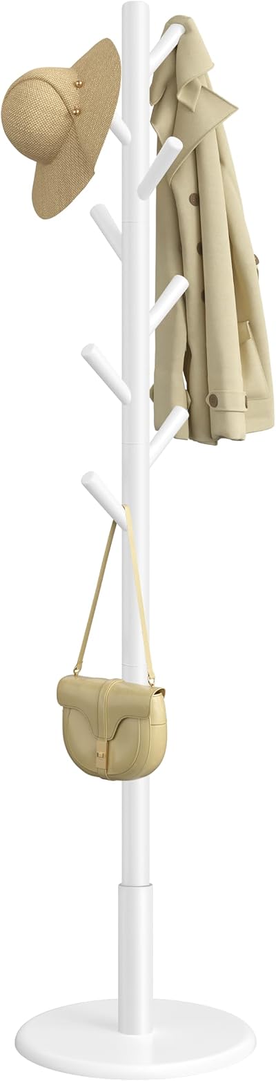 VASAGLE Coat Rack Solid Wood Freestanding 8 Hooks Hall Tree Cloud White