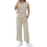 Casly Lamiit 2 Piece Set for Women Summer Casual Cap Sleeve Top with Belted Tie Crop Wide Leg Pants Travel Airport Outfit