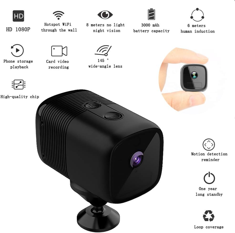 MIMI KING Small Wifi Wireless Camera Low Power Battery Surveillance Mini Camera Night Vision Network Remote Micro Monitor,Black