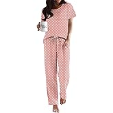 Ekouaer Pajama Sets for Women Round Neck Pjs Short Sleeve Sleepwear with Long Pants Loose Lounge Sets