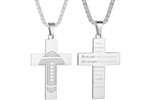 HattiDoris Football Cross Necklace - Boys Inspirational Bible Verse Pendant, Stainless Steel Chain, 22+2 inch Sports Jewelry Gift for Men & Women
