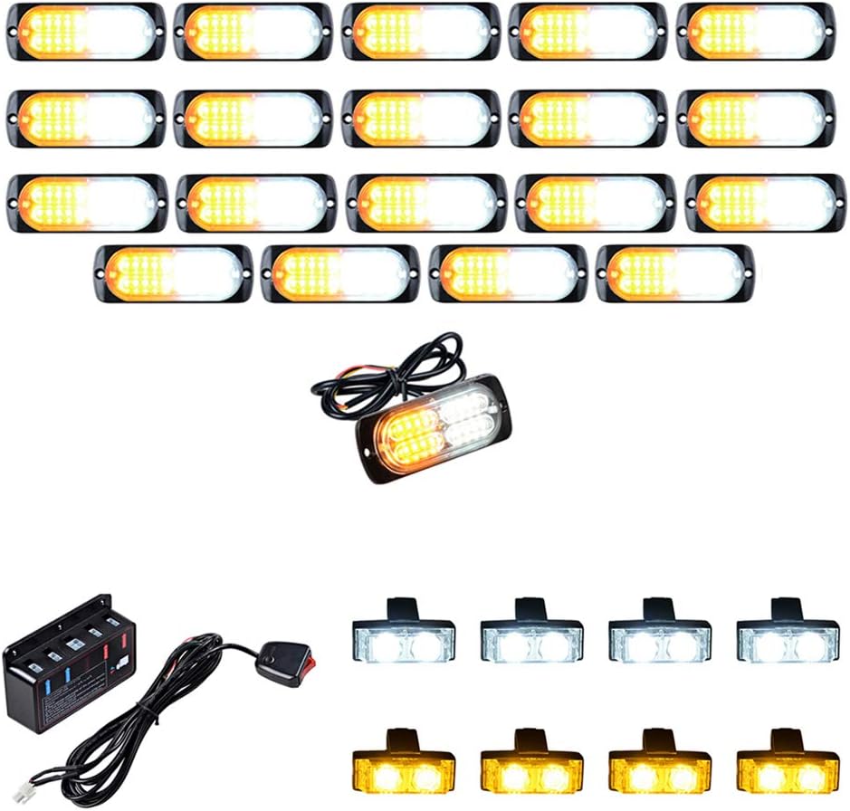 20PCS Ultra Slim 20-LED 60W Emergency Hazard Caution Surface Mount Strobe Light & 8pcs Car Truck Grille Deck Dash Flashing Light - Amber White