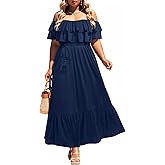 Plus Size Off The Shoulder Maxi Long Casual Layered Ruffle Beach Sundress Women Pocket 2024