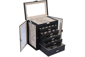 BOOVO Jewelry Box For women, 6 Layer Large Jewelry Organizer With Mirror, Multi-Function Storage Box With Lock, Accessory Holder With 5 Drawers, For Earrings Necklace Ring Bracelet (Clear Black)
