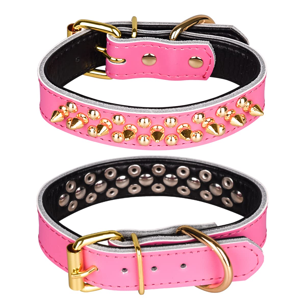 haoyueer Spiked Studded Dog Collar, Genuine Leather Dog Collar, Adjustable Pet Collars for Medium Large Bulldog Pitbull Mastiff Poodle Boxer (L, Hot Pink)