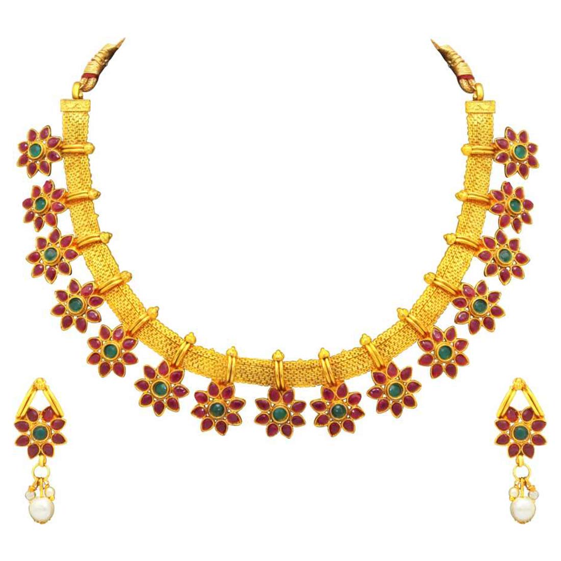 Aheli Bollywood Fashion Faux Stone Wedding Necklace Big Earrings Indian Fashion Jewelry Set for Women Pink