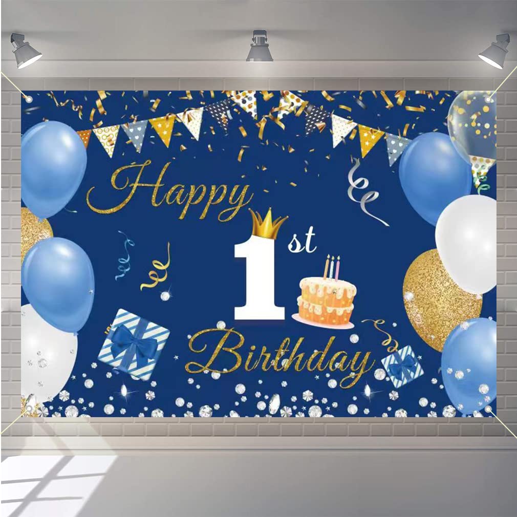 Photo 1 of 1st Birthday Decorations Happy 1st Birthday Backdrop Party Banner for Boys/Girls Happy 1 Year Old Fabric Sign Poster, Blue Photography Background First Birthday Party Supplies, 59"x35.4"