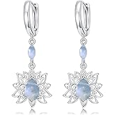 Genuine Moonstone Lotus Earrings for Women, Sterling Silver Teardrop Dangling Earrings Vintage Healing Gemstone Jewelry