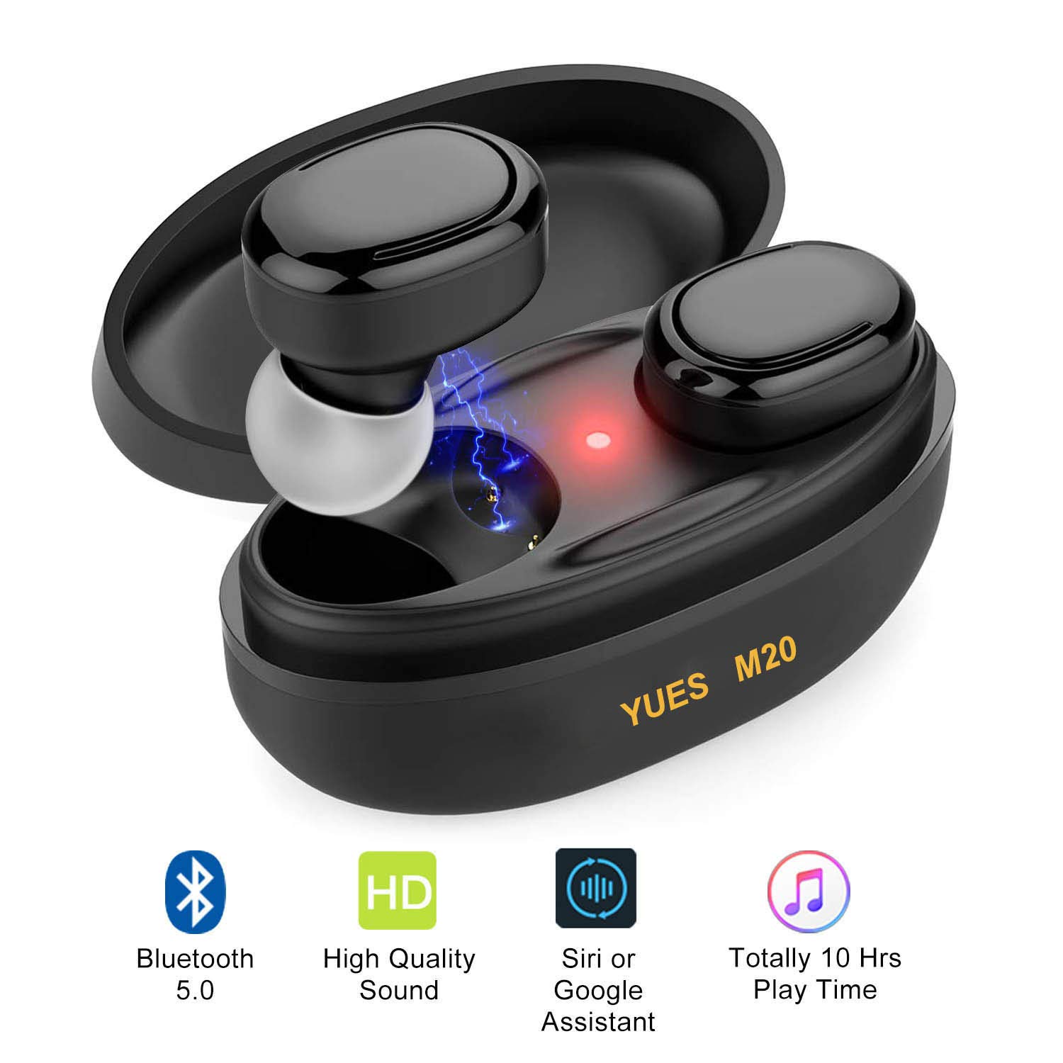 YUES M20 Auriculares Bluetooth 5.0, Mini Estéreo 3D Inalámbricos Micrófono, hasta 10 Horas de