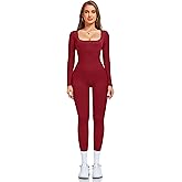 OLCHEE Womens Long Sleeve Workout Jumpsuit Square Neck Ribbed Seamless Yoga Romper Sexy Bodycon Tummy Control Unitard Onesie