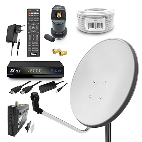 Digital Camping Sat Anlage 60 cm Spiegel inkl. ARLI AH1 HD Receiver + Single LNB + 10m Kabel (Lichtgrau / Weiss)