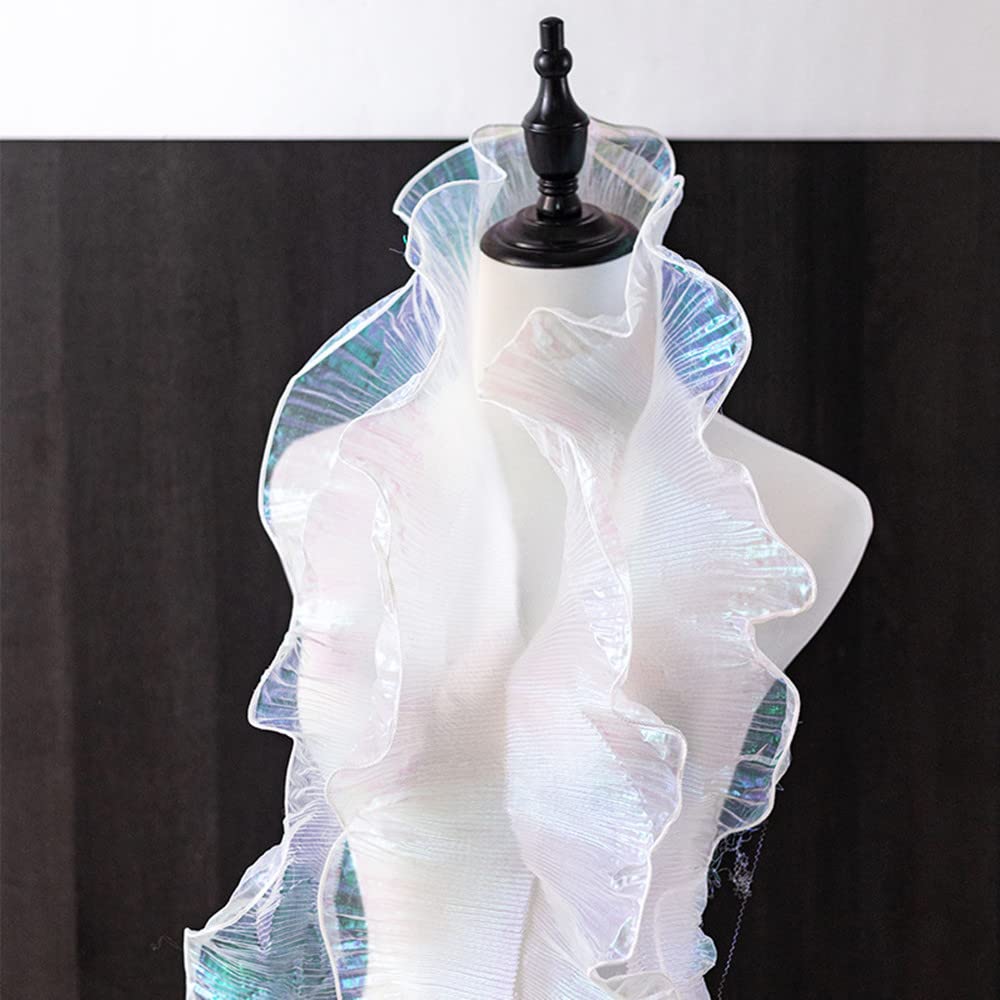 XZJMY 8 Yards Ruffle Trim Tulle Fabric, Polyester, Iridescent White, Blue, Perfect for Dress Collars Sleeves Decoration, Throw Pillow Decor, DIY Sewing, Halloween, Thanksgiving, Christmas, Daily Use