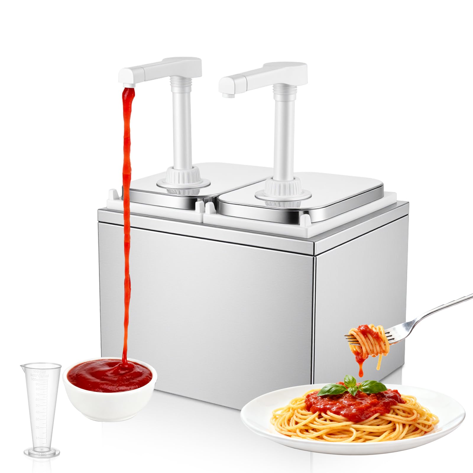 Photo 1 of 2.11 Quart Stainless Steel Sauce Pump Dispenser,Condiment Pump Station Detachable Leak-Proof Design for Sauce Honey Syrup Dressing,Commercial & Home Kitchen Use (2 Heads, 1L)