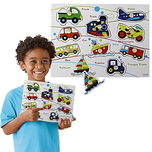 Toy Cubby Kids Toddler Wooden Pegged Vehicles Puzzle Board Set- 2 to 4 inches Vehicle Puzzle Piece