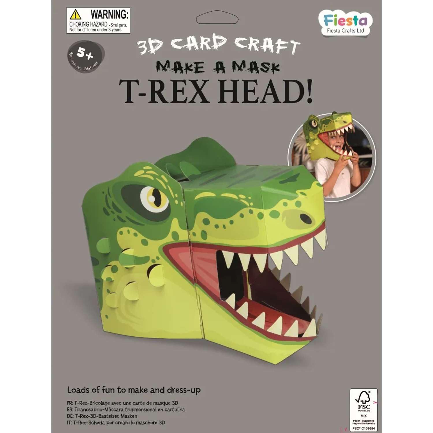 T-Rex 3D Dinosaur Full Head Mask Kit by Fiesta Crafts - Assemble Dino Head Costume - Complete Arts and Crafts Set to Improve Motor Skills, Creativity, & Imagination - Fits Kids & Adult Heads