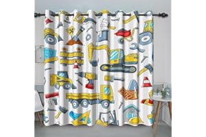 Baocicco White Construction Theme Blackout Curtains Cartoon Excavator Trucks Tractor Window Drapes for Boys Bedroom Construction Equipment Grommet Curtain for Kids Room 2 Panels 53x72 Inch