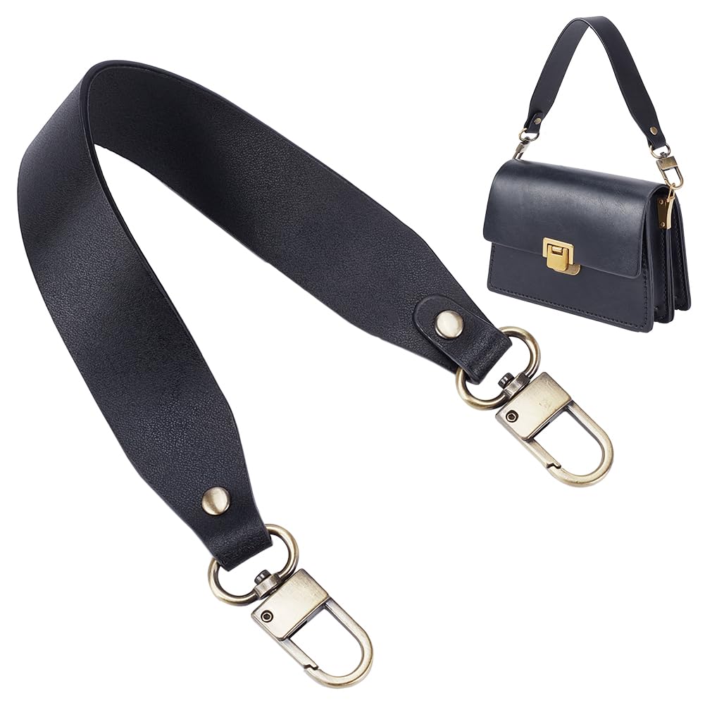 PH PandaHall Leather Purse Strap, 14.5 Inch Short Bag Handle, Black, Genuine Cowhide, Wide Strap, Antique Bronze Swivel Buckles, 1PC, Bag Handle Replacement