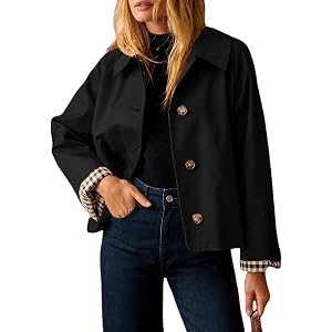 Short Trench Coats for Women Plaid Lining Cropped Trench Coat | Casual Lapel Button Down Crop Jacket Lightweight Classic Sing