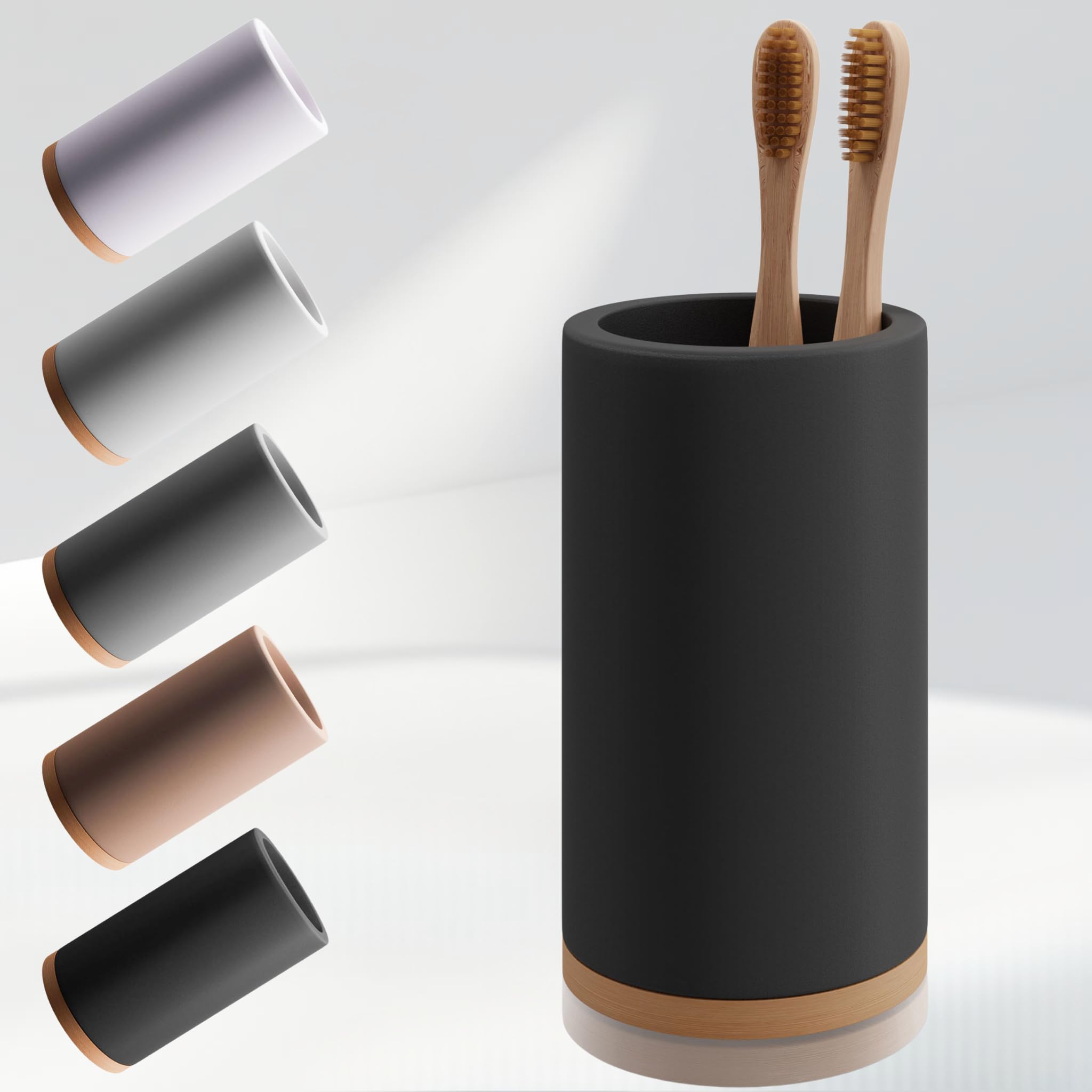 Photo 1 of ***USED*****Matani Bamboo Toothbrush Holder Diatomite Tooth Brush Organizer - Storage Stand for Small Bathroom & Counter - Removable Base & Drain Holes, Water-Absorbent & Quick-Drying (Black)