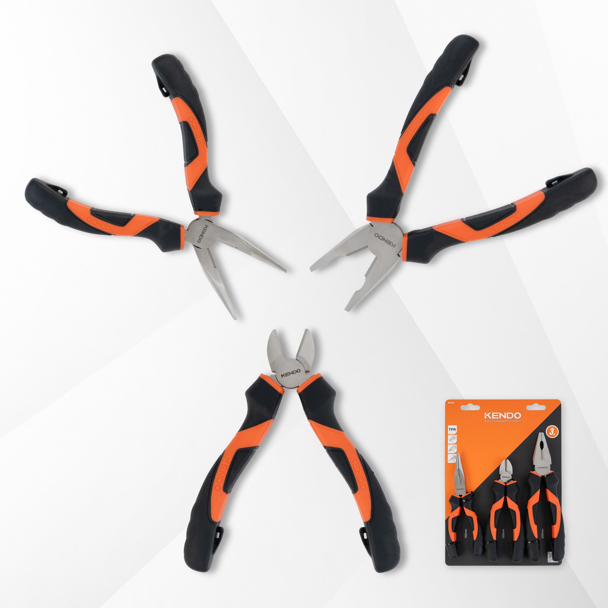 KENDO Zangenset 3-teilig – Kombizange, Spitzzange & Seitenschneider – Zangen Set Werkstatt aus gehärtetem C55-Werkzeugstahl mit ergonomischen griffen – Zangenköpfe Nickel-Eisen-Beschichtung 8
