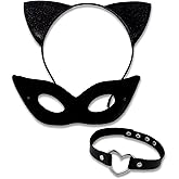 Uintoon Halloween Black Cat Costume for Women Girls 3PCS Sexy Black Cat Ears Headband and Cat Women Mask Heart Choker Costume Accessories Set for Halloween Masquerade Cosplay Party Favors