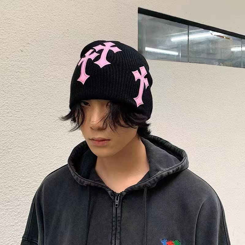 Pooyikoi Y2K Dark Cross Wool Hat Cross Pattern Fashion Loose Pile Hat Slim Knit Hat Cold Hat Autumn and Winter(Black,One Size)