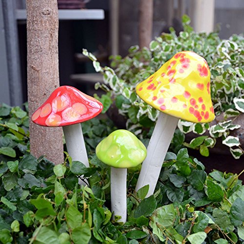 Mushroom Ceramic Garden Stakes - 3 Handmade Outdoor Ornament Decor - Made In USA - Toadstools for Lawns, Planters, Gardens, & Yards. Colors: Yellow, Red, Light Green