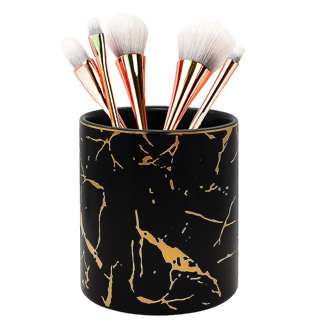 SIPLIV Ceramic Golden Thread Pencil Holder Pen Containers Desk Organizer Makeup Brush Holder for Office Classroom Home - Round, Black — image 1