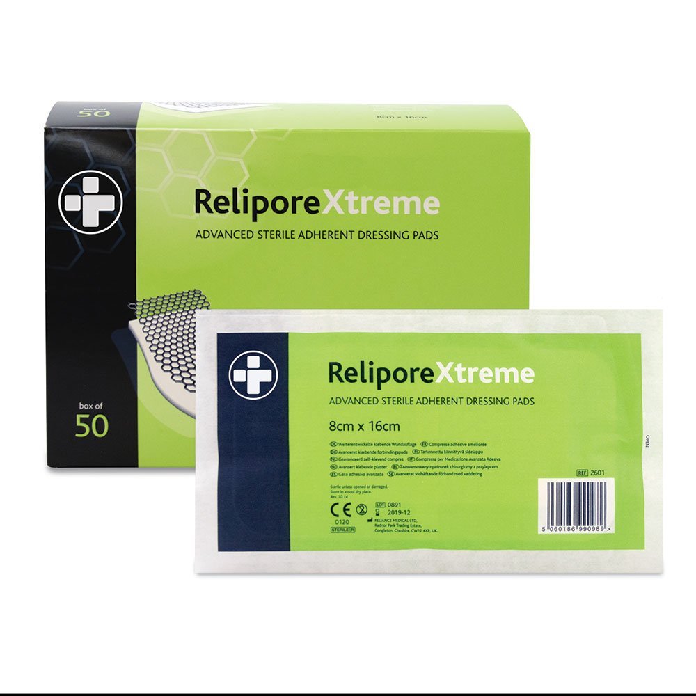 Reliance Medical Sterile Relipore Xtreme Adhesive Dressing Pads for High Exudate Wounds with Unique Absorbency Technology, 16 cm x 8 cm, Box of 50