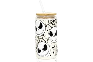 Joyseller Halloween Iced Coffee Can Glass, 18oz Nightmare Halloween Glass Cup with Lid and Straw, Halloween Tumbler Beer Can Glass, Halloween Gifts, Halloween Decorations