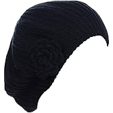 BYOS Ladies Winter Solid Chic Slouchy Ribbed Crochet Knit Beret Beanie Hat W/WO Flower Adornment