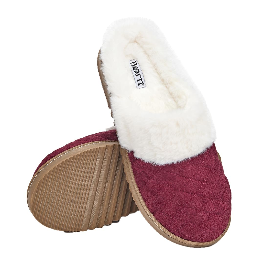 BORN Quilted Womens Slippers Size 7-8, Scuff Slippers for Women with Faux Fur Lining and Memory Foam, Gifts for Mom (Burgundy, Medium)