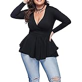 RQQJRR Women's Plus Size Dressy Tops Wrap Shirt Long Sleeve Tunic Top V Neck Low Cut Cute Blouse Black L