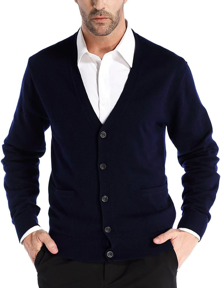 Men’s Cardigan Sweater Cashmere Wool Blend V Neck Buttons Cardigan with Pockets
