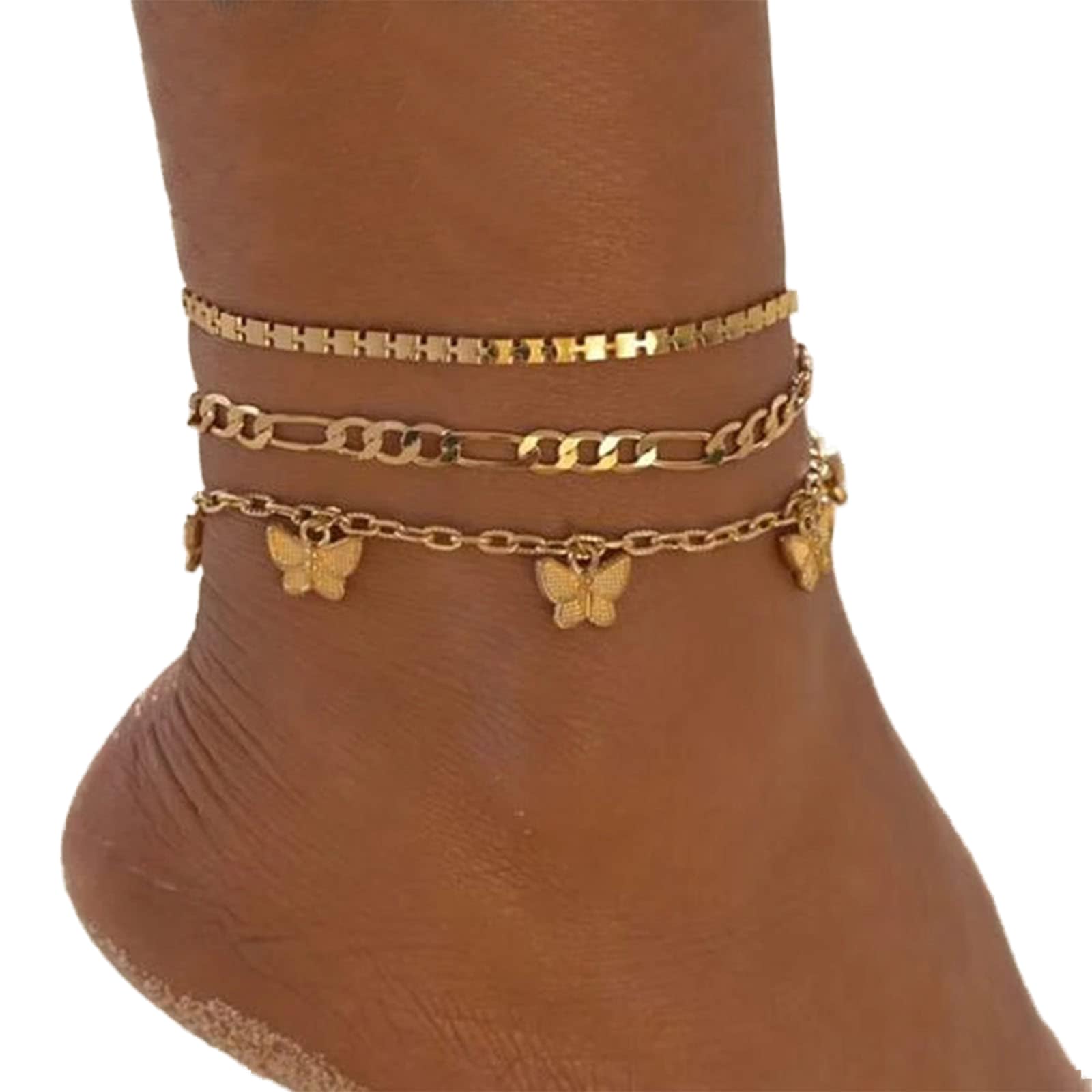 Yienate Boho Multi Layered Butterfly Anklet Bracelet Gold Figaro Butterfly Pendant Satellite Chain Anklet Foot Chain Charm Layered Beach Anklet 3Pcs Set Foot Jewelry Gift for Women Girls