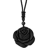 MINACHI Gothic Black Obsidian Rose Floral Pendant Necklace with Braided Cord, Gothic Jewelry Gift for Women