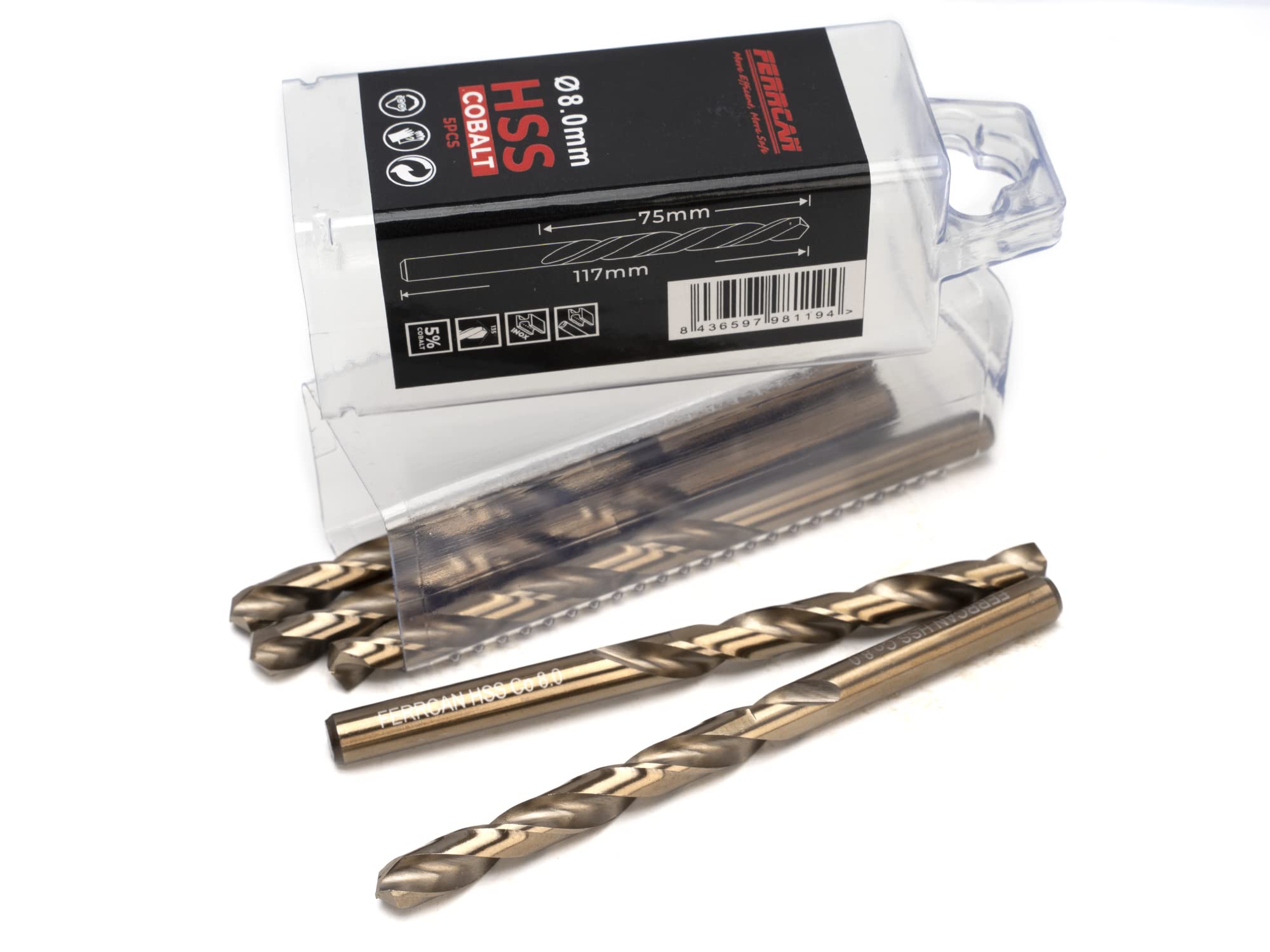 Ferrcan HSS Metal Drill Bits DIN338 M35 Cobalt 7-13mm (Pack of 5) (8mm)