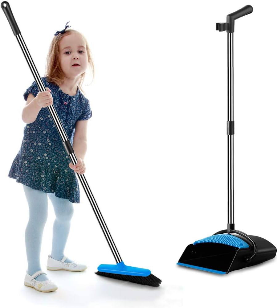 UDAODFA Premium Dustpan And Cleaning Broom Combination Of Stainless Steel Extra Long Handle Broom Is Easy To Clean And Assemble, Durable And Foldable For Home, Room, Office, Lobby Use (Black And Blue): Kitchen & Dining
