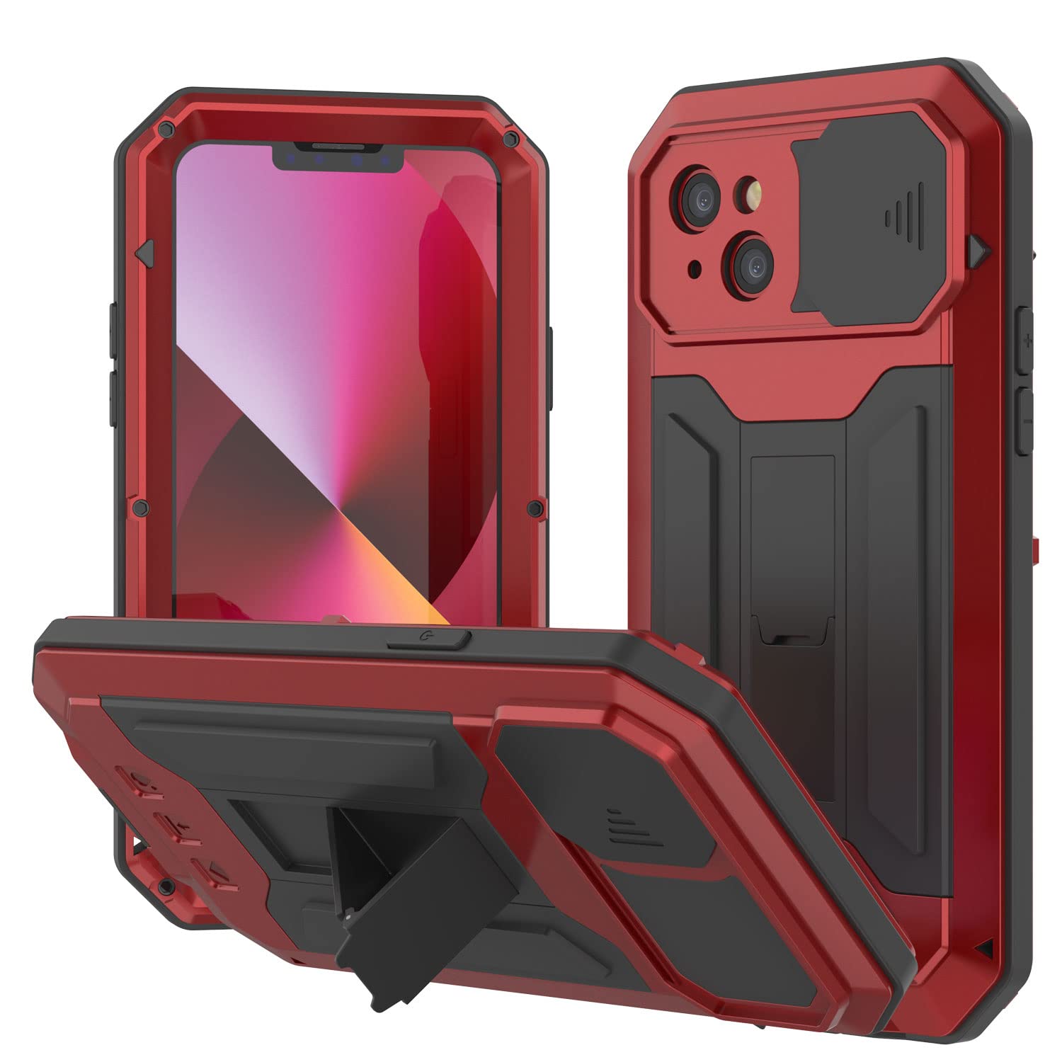 PunkCase for iPhone 13 Mini Metal Case 2.0 | Heavy Duty Armor Cover | Full Body Aluminum & TPU Design W/Built in Tempered Glass Screen Protector for iPhone 13 Mini (2021) (5.4") [Red]