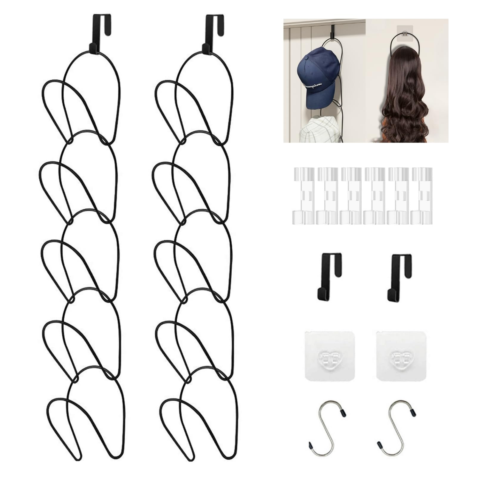 LINFIDITE Hat Rack Hanger Holder Organiser Closet Hanging Baseball Cap Display Storage Rack for Scarves Handbags Over Door Wall Mounted w Hanging Hook,10 Pcs Black,Ring-shaped