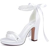 Dilhik Pearl Wedding Shoes for Bride High Heel Platform Wedding Sandals Chunky Heel Bridal Shoes
