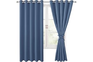 Hiasan Blackout Curtains for Bedroom, 60 x 63 Inches Length - Thermal Insulated & Light Blocking Window Curtains for Living Room/Kids Room, 2 Drape Panels Sewn with Tiebacks, Blue Haze