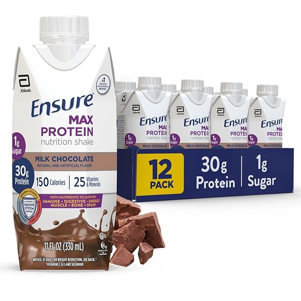 ENSURE MAX PROTEIN SHAKE | MILK CHOCOLATE | READY TO DRINK | 30G PROTEIN FOR MUSCLE BUILDING | 1G SUGAR, 4G FIBER | 11 FL OZ – 12 PACK