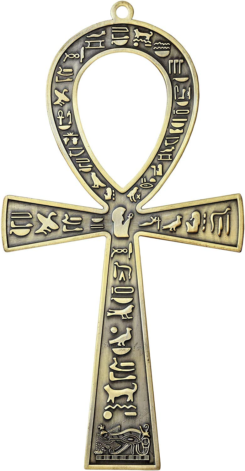 NileCart 7 in. large metal Egyptian ANKH Cross Made in Egypt with an ancient Egyptian hieroglyphic symbols on both sides (Antique Brass Tone)