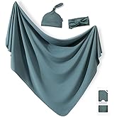 GRSSDER Newborn Swaddle Blanket, Ultra Soft Jersey Receiving Blanket with Matching Headband and Beanie Set 33×44", Stretchy Baby Neutral Swaddle Wrap for Girls and Boys