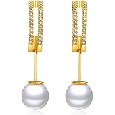 Beautitlry 14K White Gold Plated Pearl Drop Earrings with 925 Sterling Silver Post and Cubic Zirconia, Hypoallergenic Small Dangle Earrings with Dangling Pearl for Women