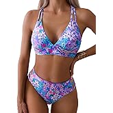 Tainehs Women's Push Up V Neck Bikini Sets Criss Cross Back Two Piece Bathing Suit