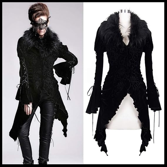 Amazon Co Jp 悪魔ファッションゴシック女性の非対称ロングジャケット取り外し可能なカバーの襟ビンテージパーティーベルベットロングコート Clothing Accessories