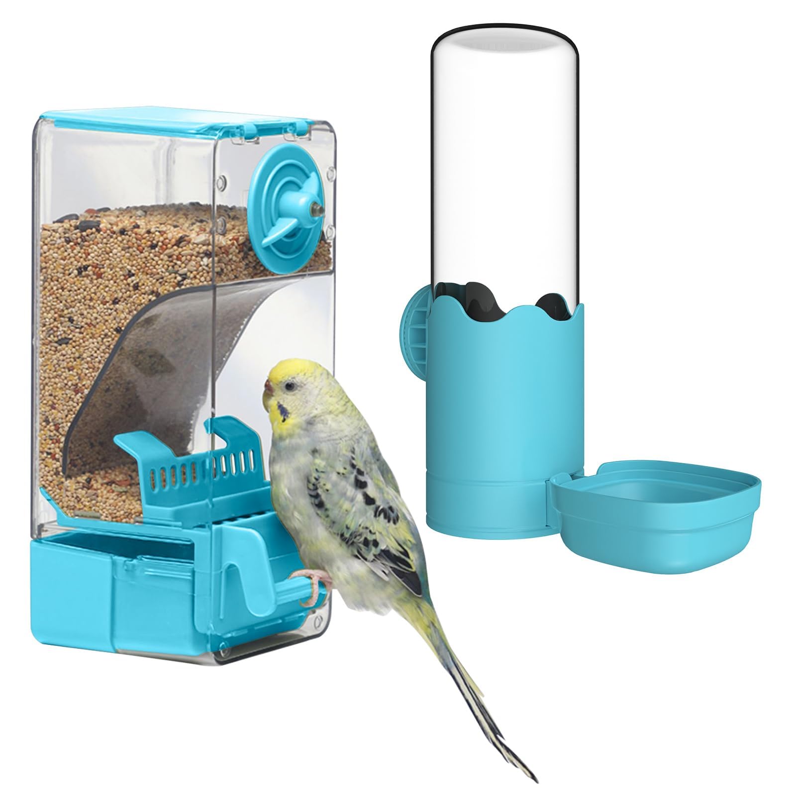 Bird Feeder Water Dispenser Set, Automatic Cage Feeder with Perch for Seed Parakeet Canary Cockatiel Finch Budgies Cage Accessories (Blue)
