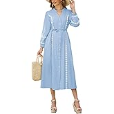 Women Button Down Maxi Dresses V Neck 3/4 Sleeve Lace Trim Kaftan Dress Fall Belted Long Shirt Dresses